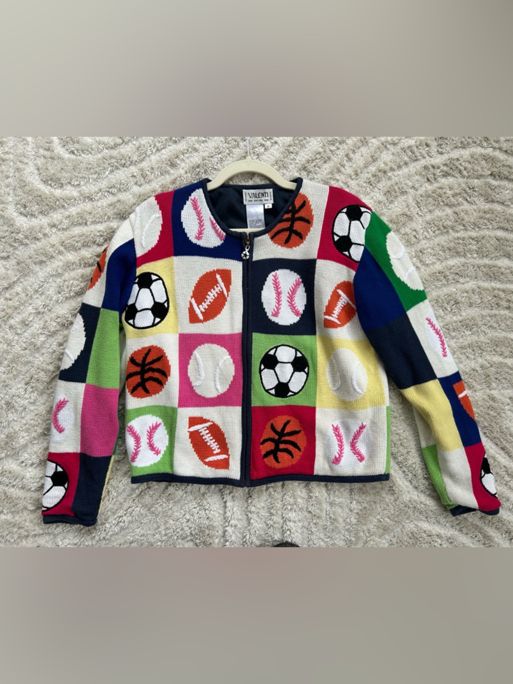 Vintage Valenti Multicolor Sports Print Zip Front Sweater